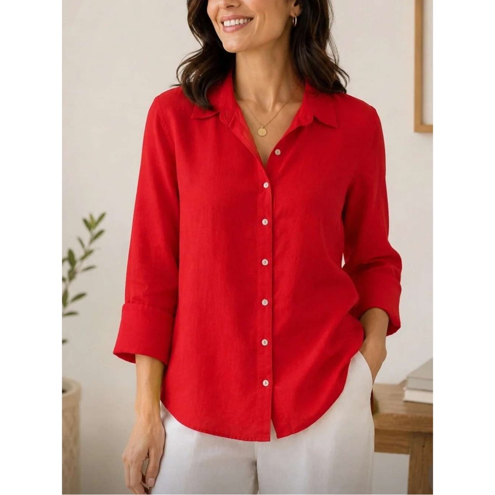Chicos Red 100% Linen Button Down Shirt 3/4 Sleeve Size 1 US 8 570367208